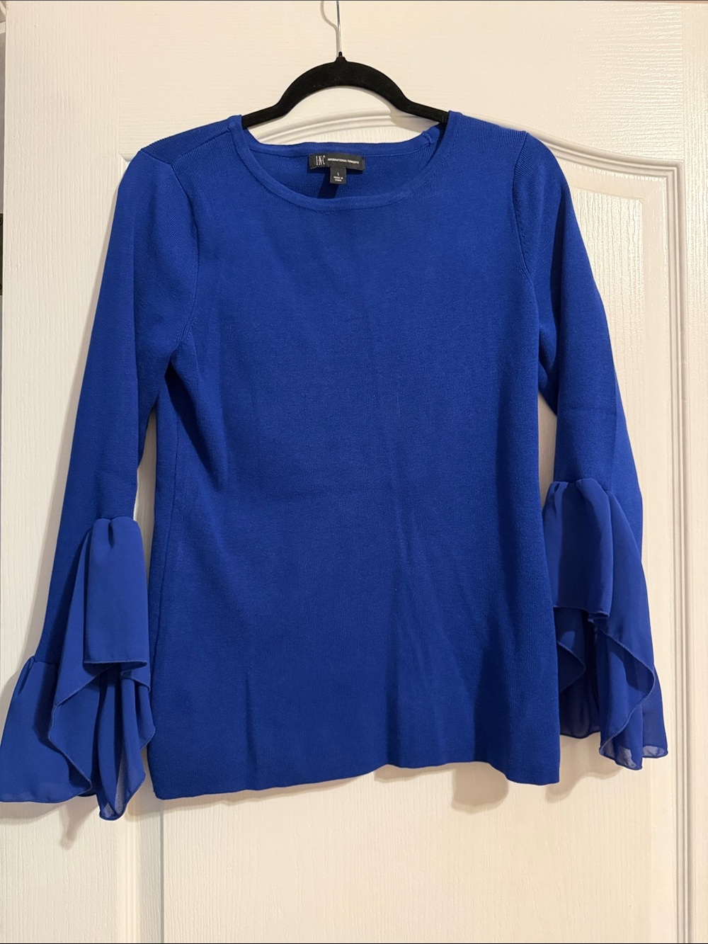 INC International Concepts Cobalt Blue Long Sleeve Top with Ruffle Bell Sleeves